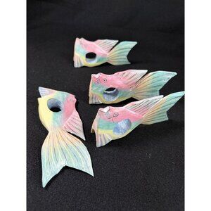 Hand-Carved Wooden Fish Napkin Rings Set Of 4 Pastel Painted Table Decor